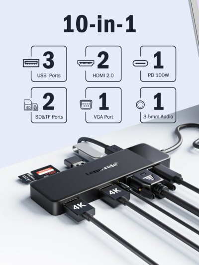 Lemorele USB-C Hub 10Ports Docking Station USB Type C to Dual HDMI 4K 30Hz VGA USB 3.0 Adapter PD100W SD Card Reader for MacBook - Image 2