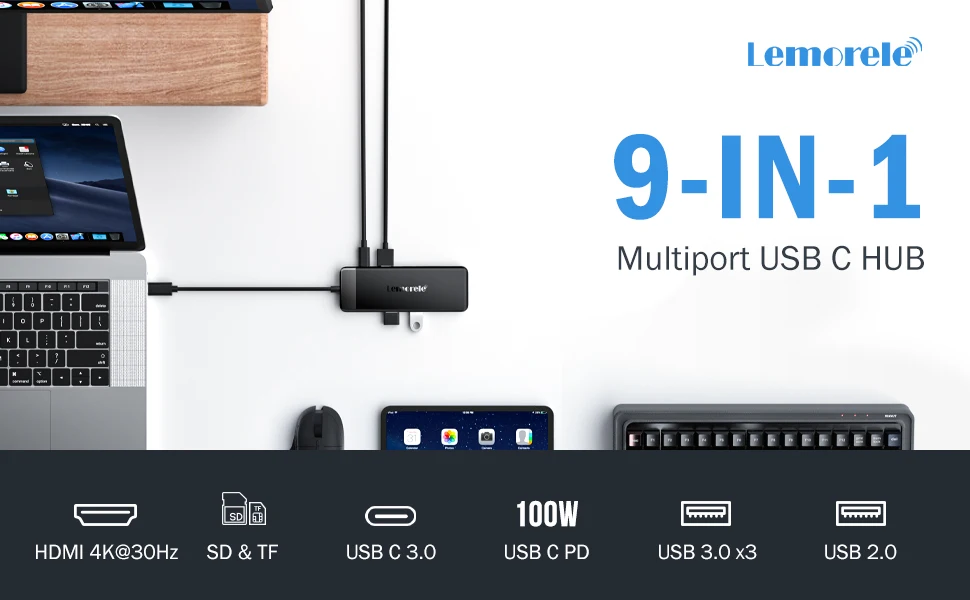 Lemorele 9 Ports TC92 USB C Hub Type C Docking Station Adapter 4K 30Hz HDMI 100W PD with SD/TF Card Slot For Macbook Laptop