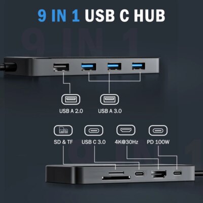 Lemorele 9 Ports TC92 USB C Hub Type C Docking Station Adapter 4K 30Hz HDMI 100W PD with SD/TF Card Slot For Macbook Laptop - Image 2
