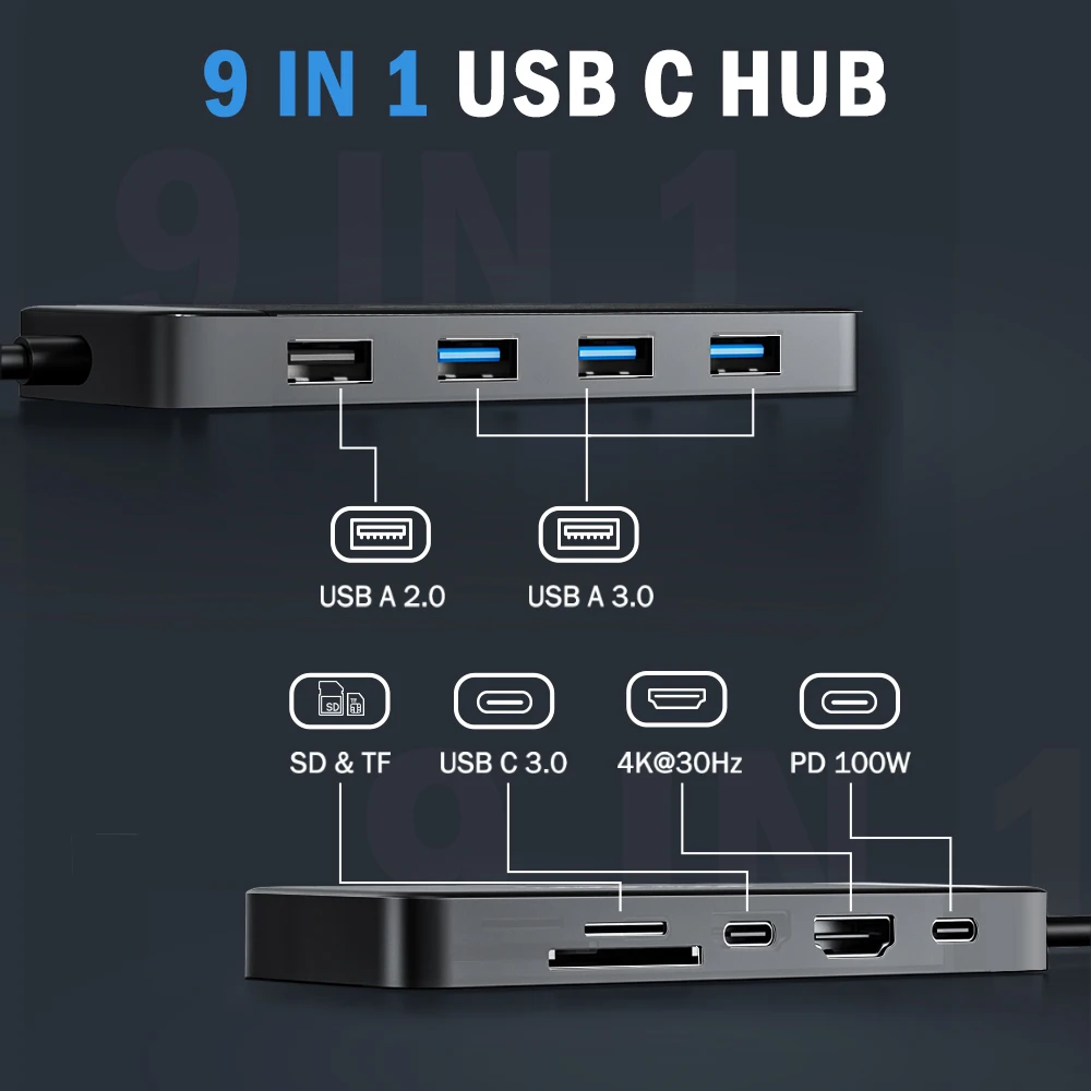 Lemorele 9 Ports TC92 USB C Hub Type C Docking Station Adapter 4K 30Hz HDMI 100W PD with SD/TF Card Slot For Macbook Laptop