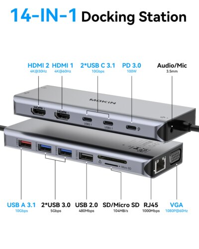 MOKiN USB C HUB USB-Type C to 4K HDMI DP VGA Gigabit Ethernet USB 3.1 PD 100W Adapter for Macbook Air Pro Laptops Accessories - Image 2