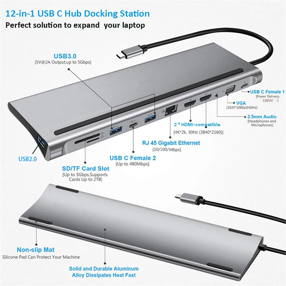 MZX 12 in 1 Docking Station MST USB Hub Type C Multi Multi-hub Concentrator A HDMI-compatible Adapter Dock for Macbook Laptop