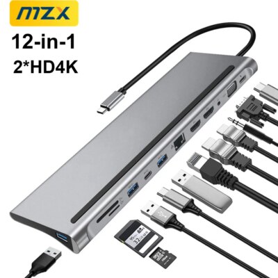 MZX 12 in 1 Docking Station MST USB Hub Type C Multi Multi-hub Concentrator A HDMI-compatible Adapter Dock for Macbook Laptop