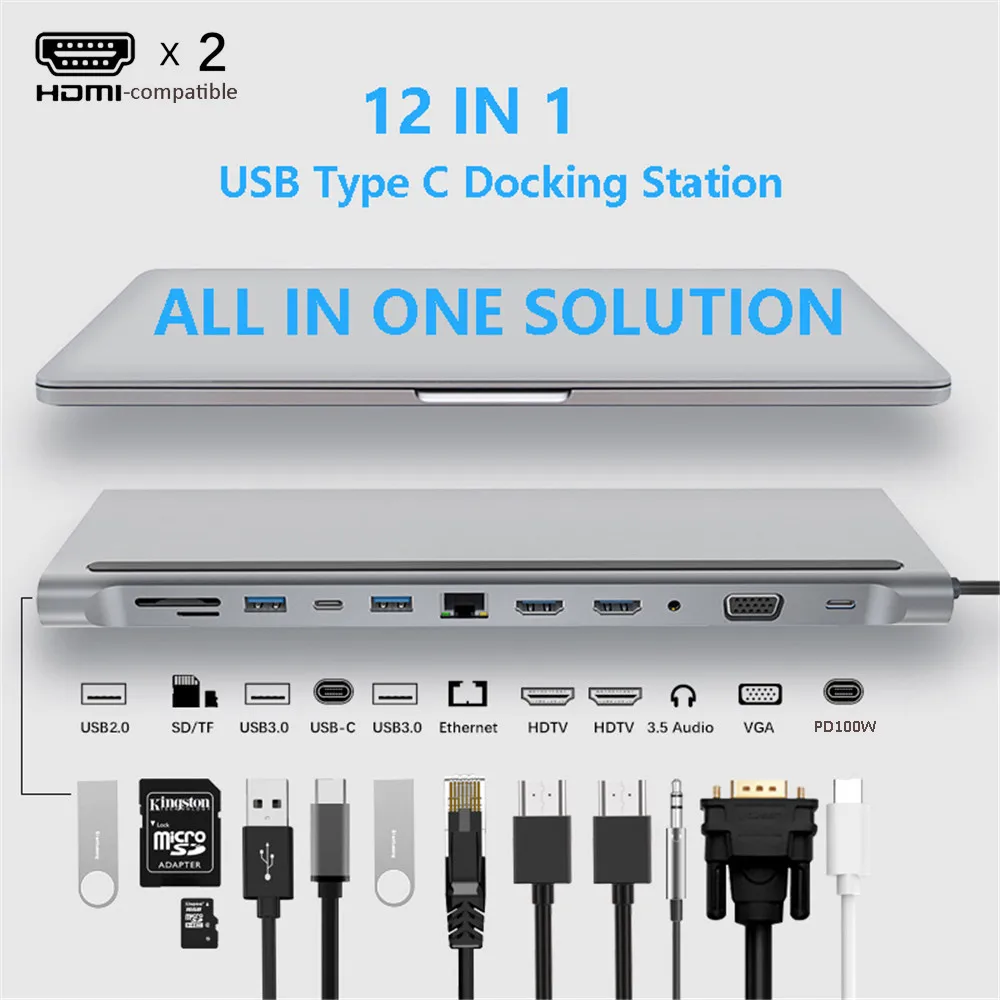 MZX 12 in 1 Docking Station MST USB Hub Type C Multi Multi-hub Concentrator A HDMI-compatible Adapter Dock for Macbook Laptop
