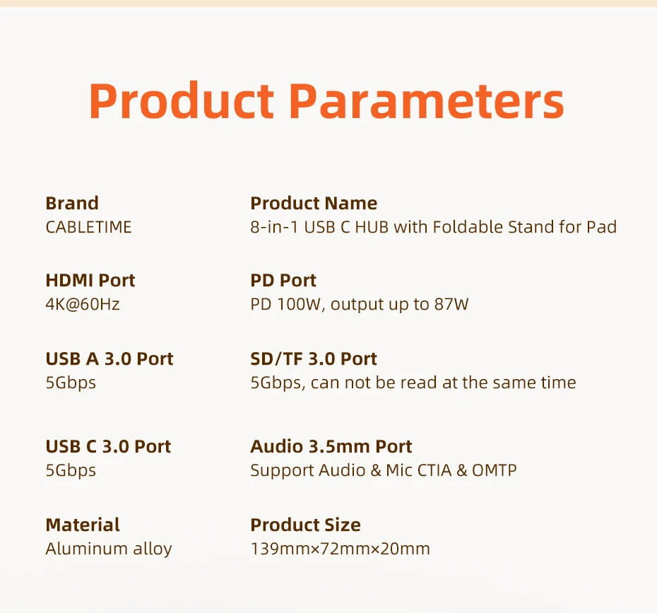CABLETIME 8 IN 1 USB C Hub Stand Dock Foldable Stand HDMI 4K 60Hz PD100W USB C HUB For IPad Pro Android Tablet iPhone15 Pro Max CABLETIME 8 IN 1 USB C Hub Stand Dock Foldable Stand HDMI 4K 60Hz PD100W USB C HUB For IPad Pro Android Tablet iPhone15 Pro Max