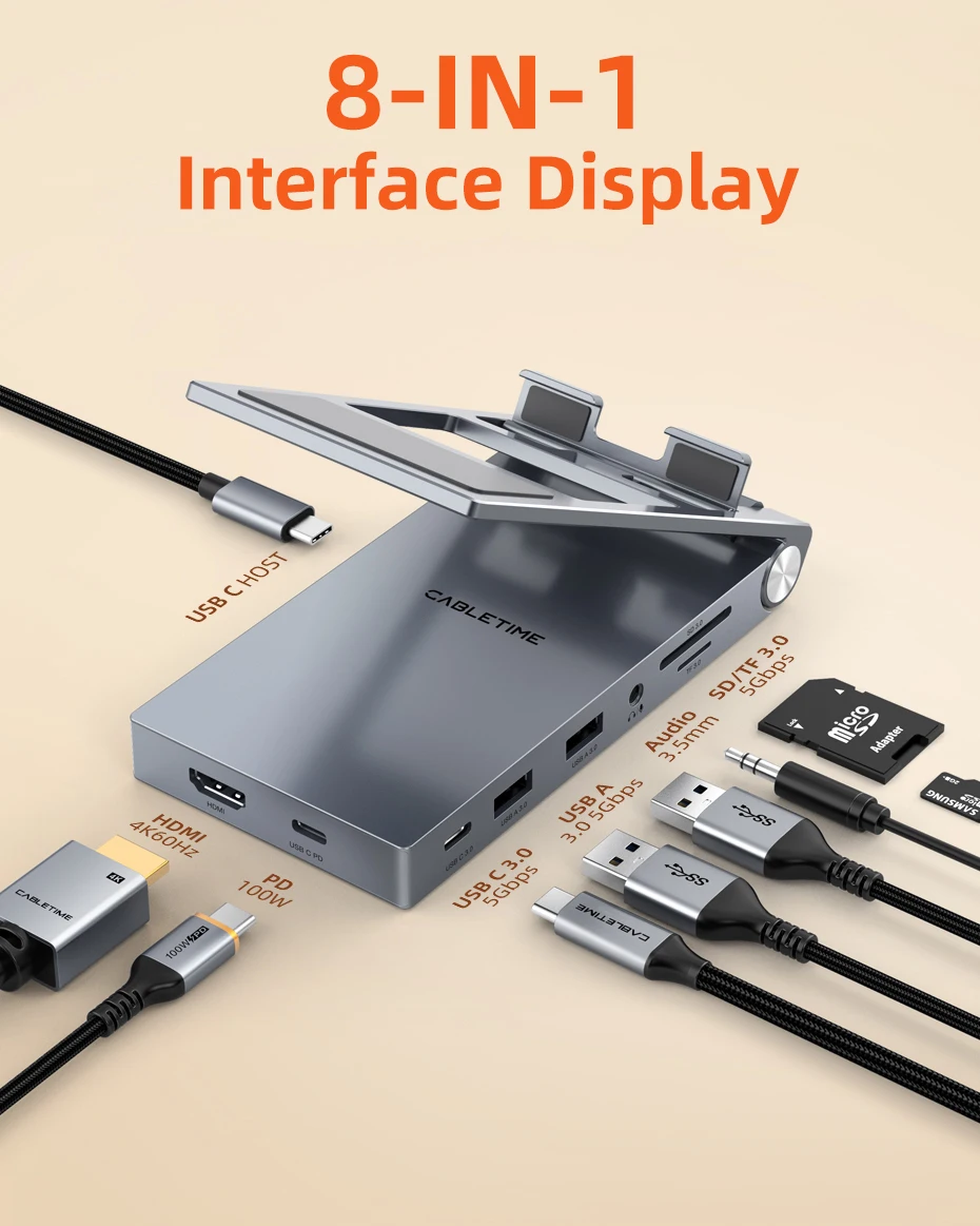 CABLETIME 8 IN 1 USB C Hub Stand Dock Foldable Stand HDMI 4K 60Hz PD100W USB C HUB For IPad Pro Android Tablet iPhone15 Pro Max CABLETIME 8 IN 1 USB C Hub Stand Dock Foldable Stand HDMI 4K 60Hz PD100W USB C HUB For IPad Pro Android Tablet iPhone15 Pro Max