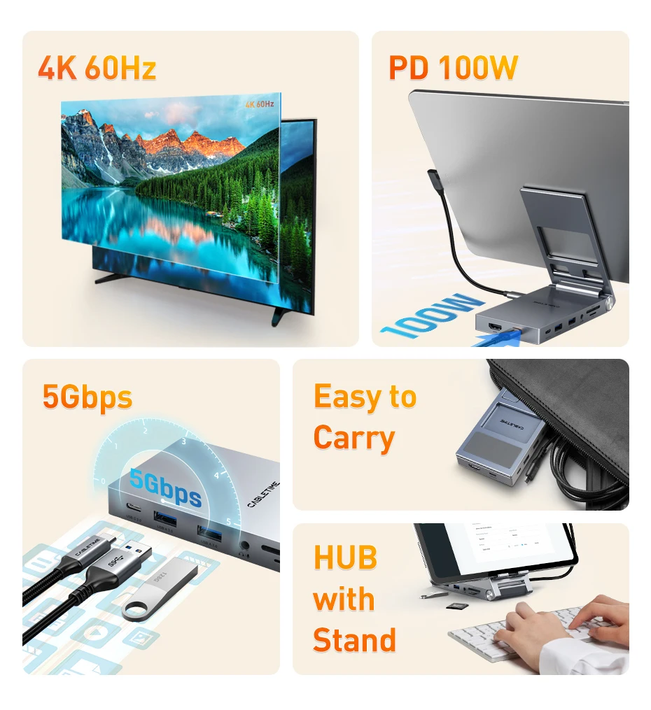 CABLETIME 8 IN 1 USB C Hub Stand Dock Foldable Stand HDMI 4K 60Hz PD100W USB C HUB For IPad Pro Android Tablet iPhone15 Pro Max CABLETIME 8 IN 1 USB C Hub Stand Dock Foldable Stand HDMI 4K 60Hz PD100W USB C HUB For IPad Pro Android Tablet iPhone15 Pro Max
