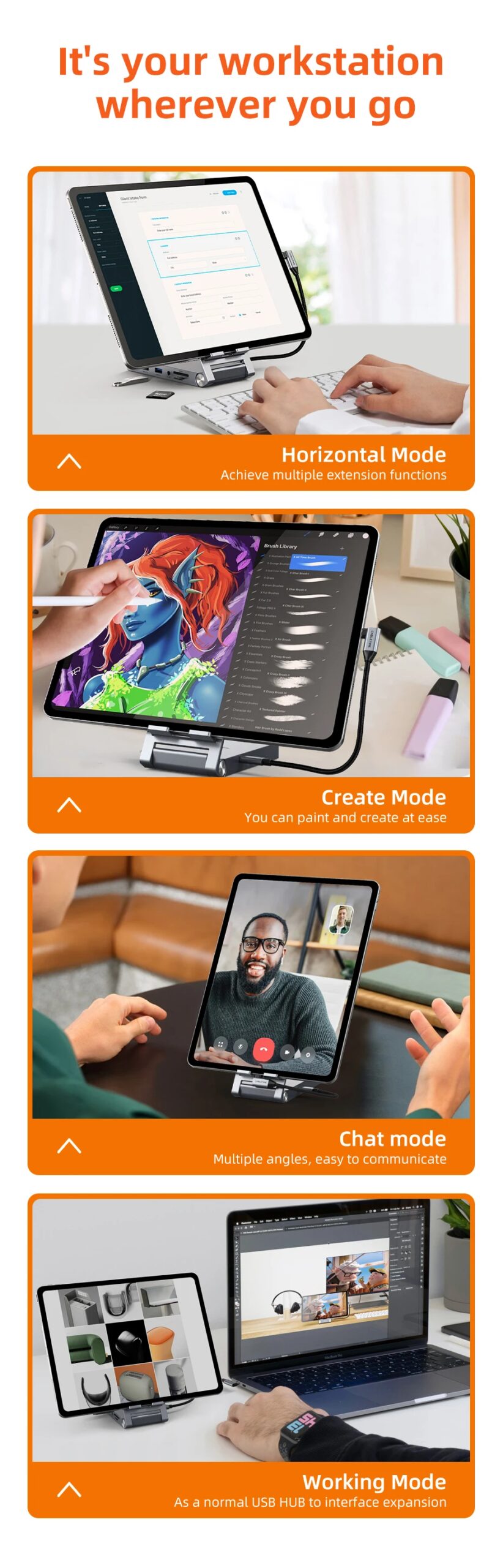 CABLETIME 8 IN 1 USB C Hub Stand Dock Foldable Stand HDMI 4K 60Hz PD100W USB C HUB For IPad Pro Android Tablet iPhone15 Pro Max CABLETIME 8 IN 1 USB C Hub Stand Dock Foldable Stand HDMI 4K 60Hz PD100W USB C HUB For IPad Pro Android Tablet iPhone15 Pro Max