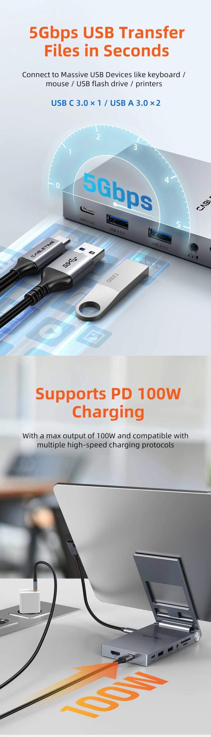 CABLETIME 8 IN 1 USB C Hub Stand Dock Foldable Stand HDMI 4K 60Hz PD100W USB C HUB For IPad Pro Android Tablet iPhone15 Pro Max CABLETIME 8 IN 1 USB C Hub Stand Dock Foldable Stand HDMI 4K 60Hz PD100W USB C HUB For IPad Pro Android Tablet iPhone15 Pro Max