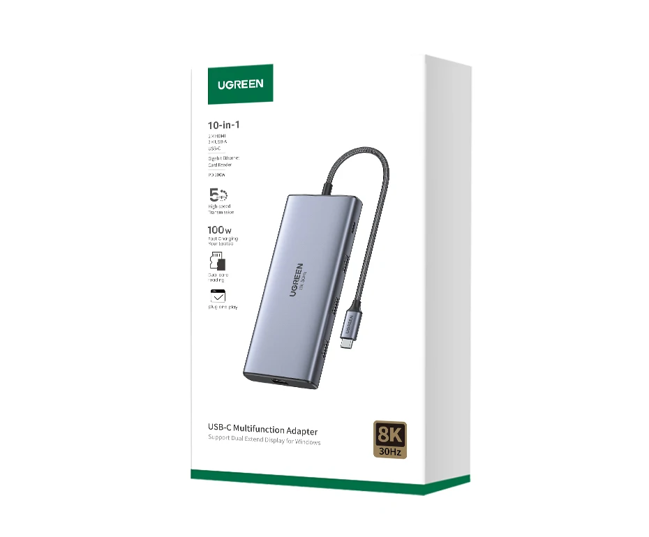 UGREEN Dual HDMI USB-C HUB 8K 4K HDMI Adapter 10 in 1 Splitter with RJ45 USB3.0 PD 100W Dock for MacBook Pro Air Laptop USB HUB UGREEN Dual HDMI USB-C HUB 8K 4K HDMI Adapter 10 in 1 Splitter with RJ45 USB3.0 PD 100W Dock for MacBook Pro Air Laptop USB HUB