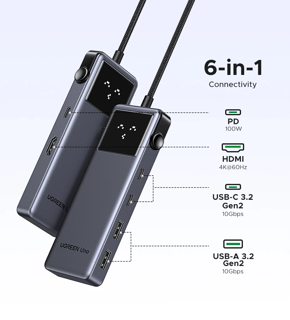 UGREEN Uno USB C HUB 6-in-1 4K60Hz PD100W 10Gbps USB3.2 Splitter Adapter for Laptop Macbook Pro Air USB Expander Docking Station UGREEN Uno USB C HUB 6-in-1 4K60Hz PD100W 10Gbps USB3.2 Splitter Adapter for Laptop Macbook Pro Air USB Expander Docking Station