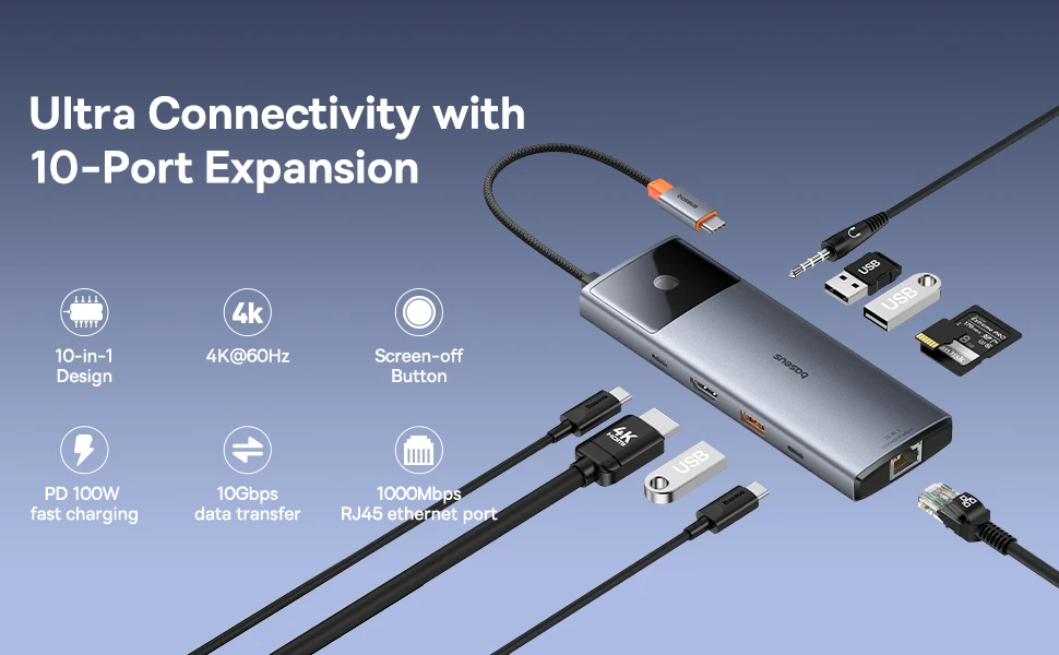 Baseus 10Gbps USB C HUB 4K 60Hz Type C to HDMI RJ45 Ethernet PD 100W for MacBook iPad Sumsang PC Tablet Phone USB 3.2 Gen 2 Hub Baseus 10Gbps USB C HUB 4K 60Hz Type C to HDMI RJ45 Ethernet PD 100W for MacBook iPad Sumsang PC Tablet Phone USB 3.2 Gen 2 Hub