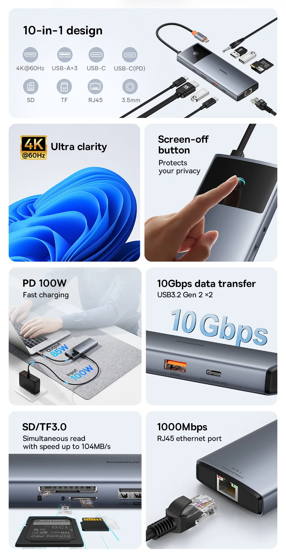 Baseus 10Gbps USB C HUB 4K 60Hz Type C to HDMI RJ45 Ethernet PD 100W for MacBook iPad Sumsang PC Tablet Phone USB 3.2 Gen 2 Hub Baseus 10Gbps USB C HUB 4K 60Hz Type C to HDMI RJ45 Ethernet PD 100W for MacBook iPad Sumsang PC Tablet Phone USB 3.2 Gen 2 Hub