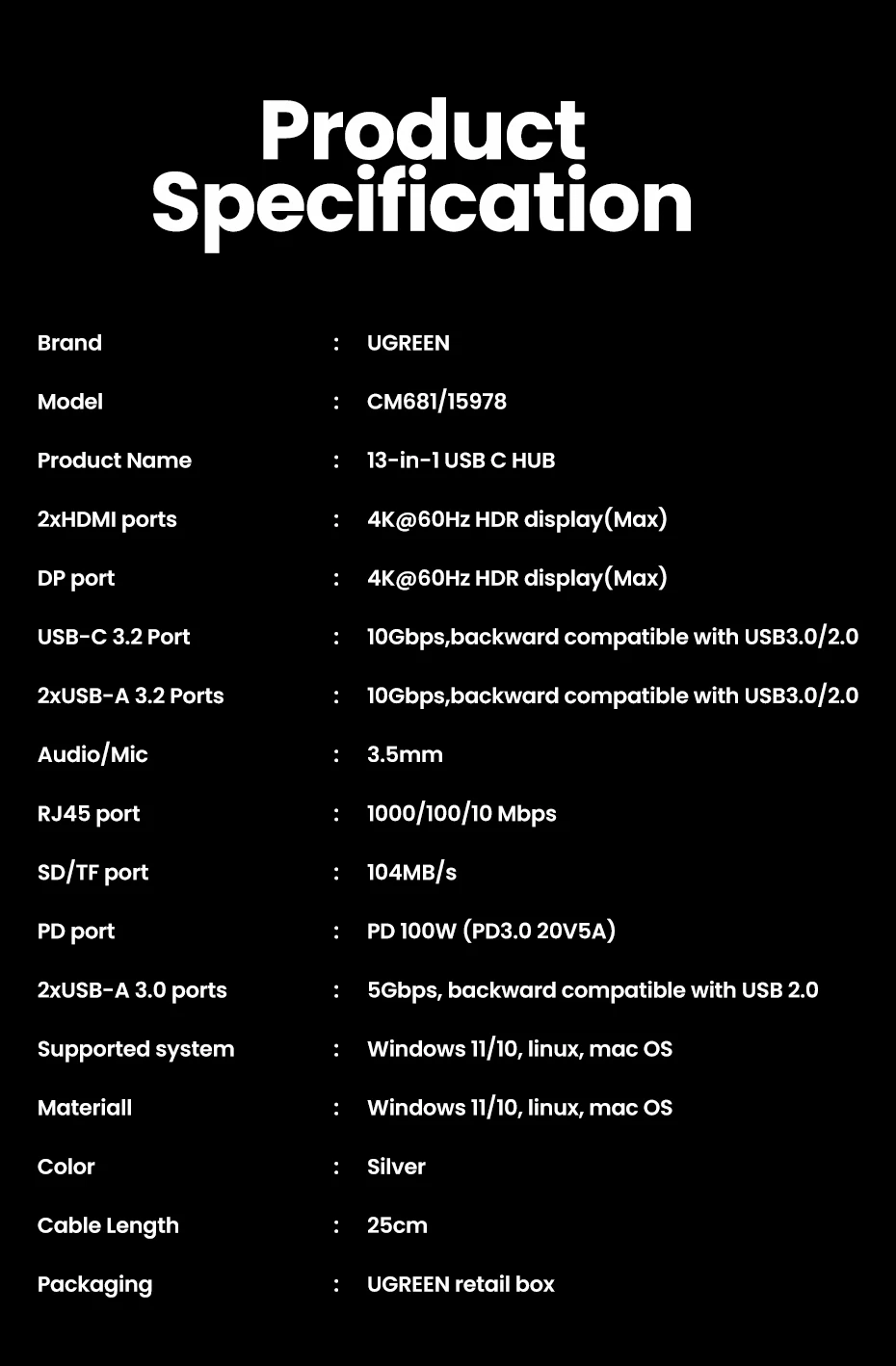 UGREEN 13-in-1 USB-C HUB Triple Display 4K Dual HDMI DP 10Gbps USB3.2 PD100W SD/TF Docking Station for MacBook Pro Air Dell XPS UGREEN 13-in-1 USB-C HUB Triple Display 4K Dual HDMI DP 10Gbps USB3.2 PD100W SD/TF Docking Station for MacBook Pro Air Dell XPS