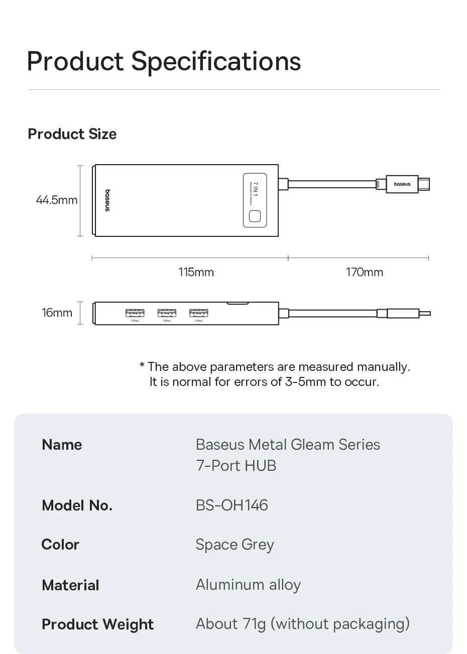 Baseus 7-in-1 Gen 2 USB C HUB 4K@60Hz HDMI 3* USB 3.0 PD 100W Type C Port SD/TF Card Reader for Macbook iPad M2 M1 Steam Deck