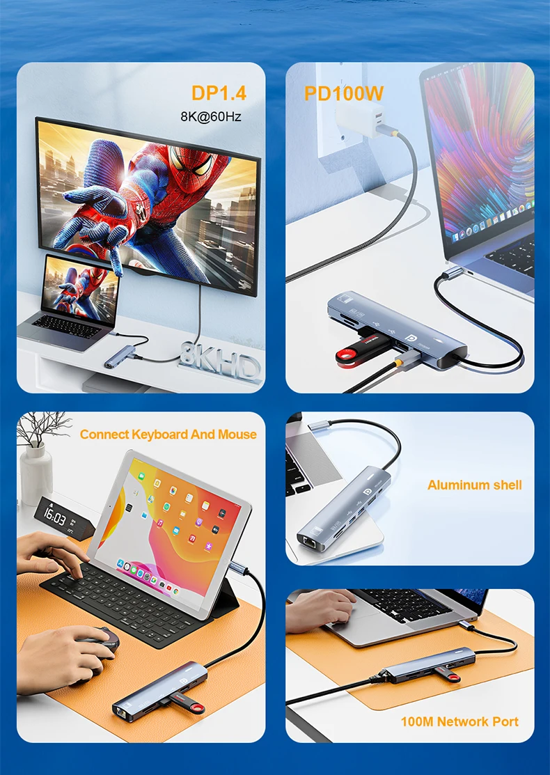 Type C HUB with Displayport,PD100W, Ethernet, 2 USB Ports, SD/TF Multiport 7-In-1 USB to DP Adapter Docking Station Dongle