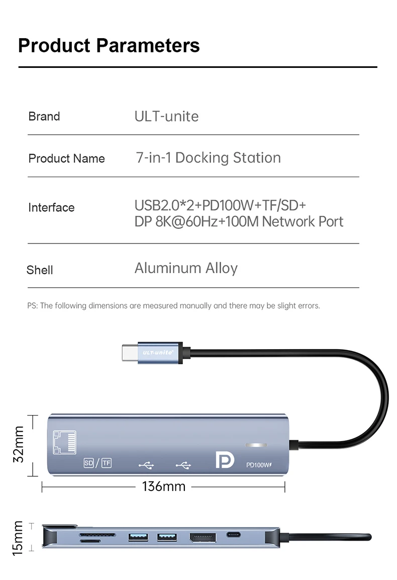 Type C HUB with Displayport,PD100W, Ethernet, 2 USB Ports, SD/TF Multiport 7-In-1 USB to DP Adapter Docking Station Dongle