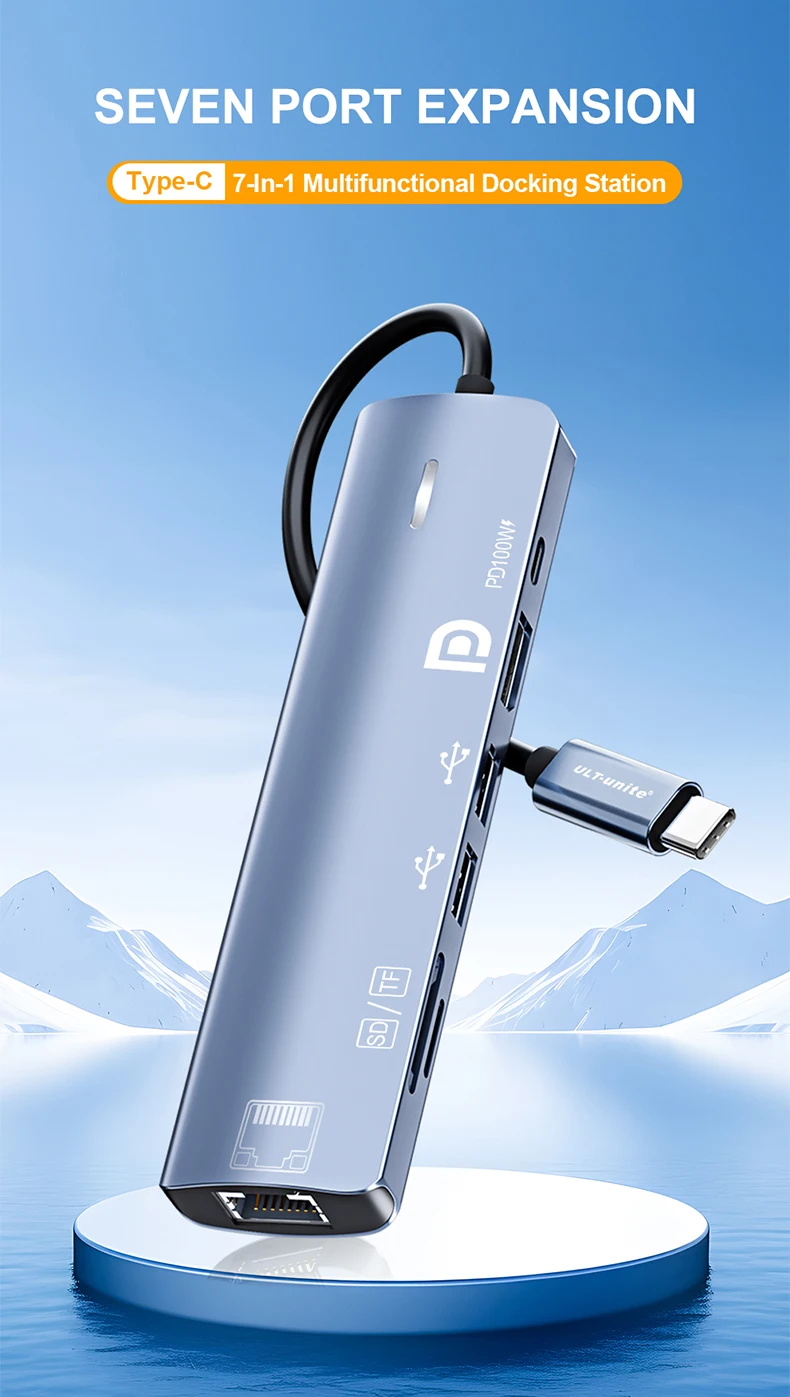 Type C HUB with Displayport,PD100W, Ethernet, 2 USB Ports, SD/TF Multiport 7-In-1 USB to DP Adapter Docking Station Dongle