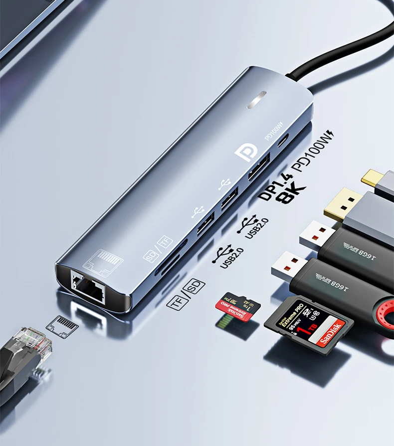 Type C HUB with Displayport,PD100W, Ethernet, 2 USB Ports, SD/TF Multiport 7-In-1 USB to DP Adapter Docking Station Dongle