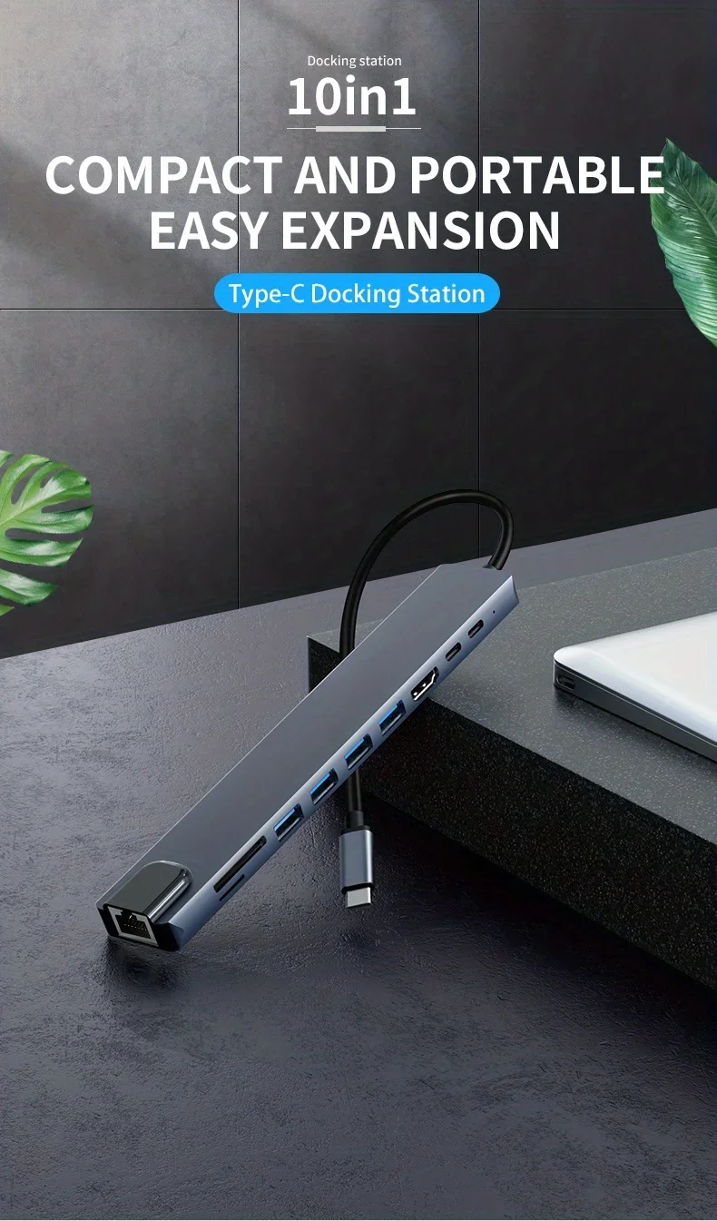 10 in 1 USB C HUB 4K30Hz Docking Station Type C to HDTV-Compatible RJ45 Ethernet PD100W for MacBook iPad Huawei Sumsang Phone 10 in 1 USB C HUB 4K30Hz Docking Station Type C to HDTV-Compatible RJ45 Ethernet PD100W for MacBook iPad Huawei Sumsang Phone