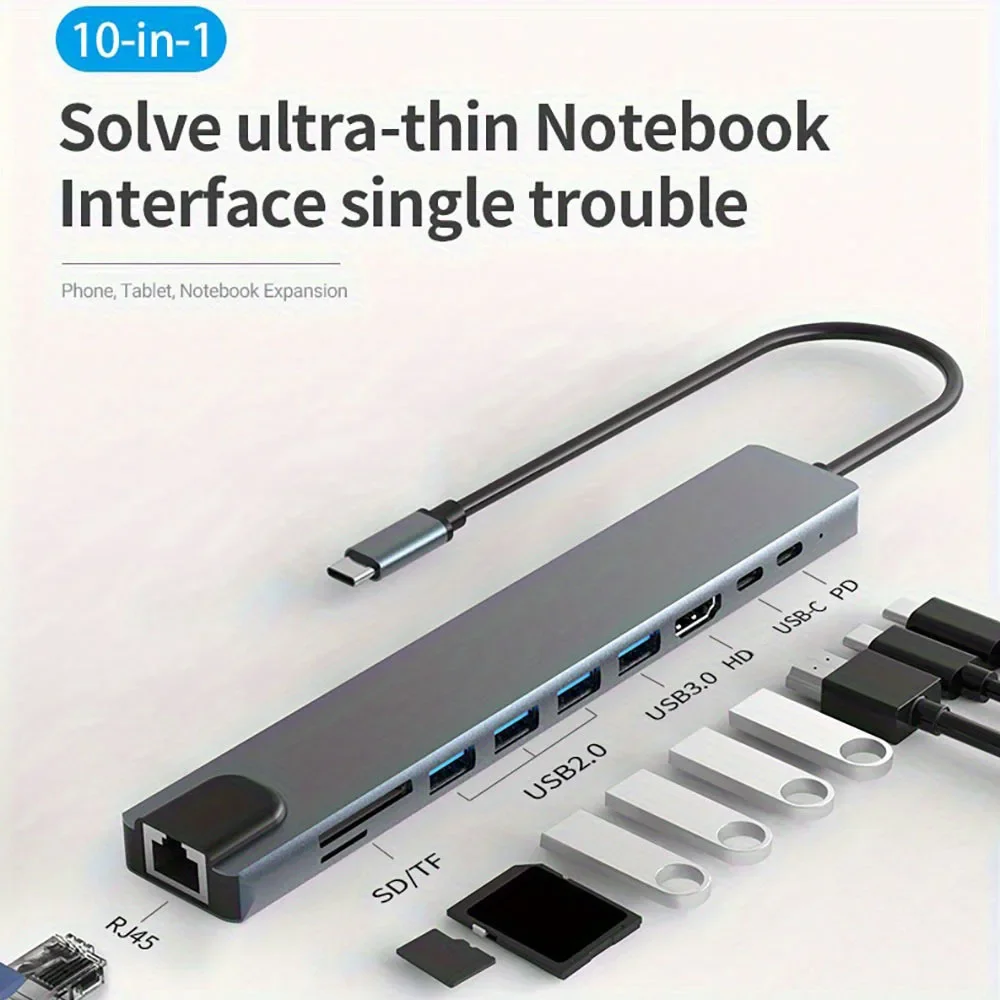 10 in 1 USB C HUB 4K30Hz Docking Station Type C to HDTV-Compatible RJ45 Ethernet PD100W for MacBook iPad Huawei Sumsang Phone 10 in 1 USB C HUB 4K30Hz Docking Station Type C to HDTV-Compatible RJ45 Ethernet PD100W for MacBook iPad Huawei Sumsang Phone