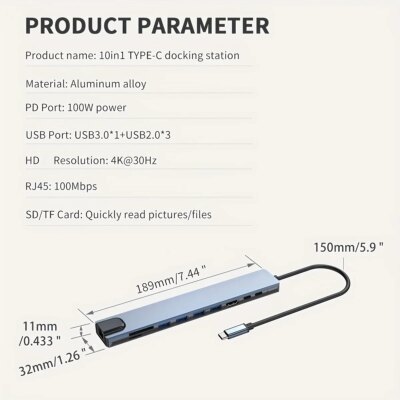 10 in 1 USB C HUB 4K30Hz Docking Station Type C to HDTV-Compatible RJ45 Ethernet PD100W for MacBook iPad Huawei Sumsang Phone - Image 6