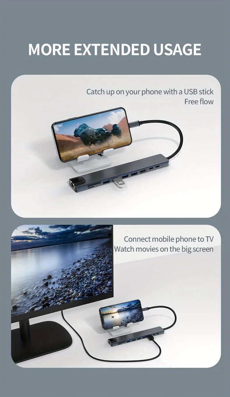 10 in 1 USB C HUB 4K30Hz Docking Station Type C to HDTV-Compatible RJ45 Ethernet PD100W for MacBook iPad Huawei Sumsang Phone 10 in 1 USB C HUB 4K30Hz Docking Station Type C to HDTV-Compatible RJ45 Ethernet PD100W for MacBook iPad Huawei Sumsang Phone