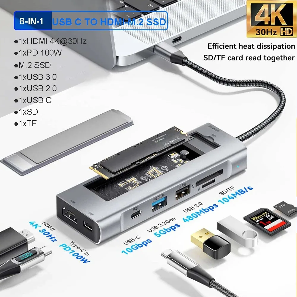 8-in-1 USB C Hub with Disk Storage Function M.2 SSD Hub USB C Docking Station Type-C to HDMI Adapter For PC Laptop Macbook Pro