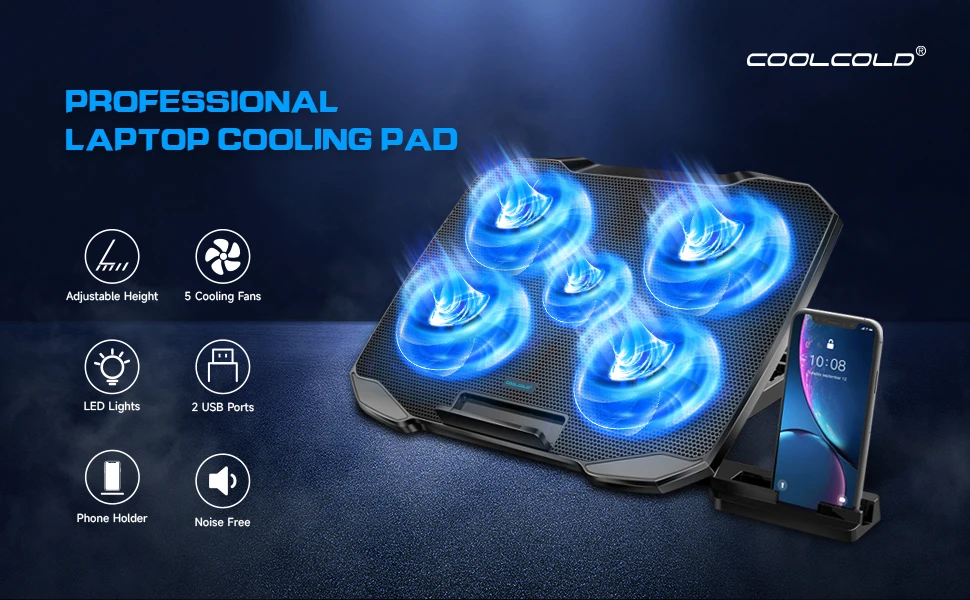 COOLCOOLD Laptop Cooling pad for 12-17 Inch Laptop Cooler Stand, 5 quiet fans, 5 Angle Adjustable with phone holder COOLCOOLD Laptop Cooling pad for 12-17 Inch Laptop Cooler Stand, 5 quiet fans, 5 Angle Adjustable with phone holder