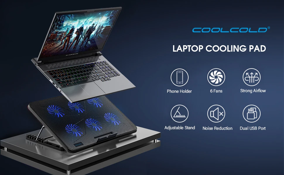 Coolcold 15.6-17.3inch Laptop Cooling Pad with 6 Quiet Fans,7 Height Wind Speed Adjustable,Laptop Cooer With Mobile Phone holder Coolcold 15.6-17.3inch Laptop Cooling Pad with 6 Quiet Fans,7 Height Wind Speed Adjustable,Laptop Cooer With Mobile Phone holder