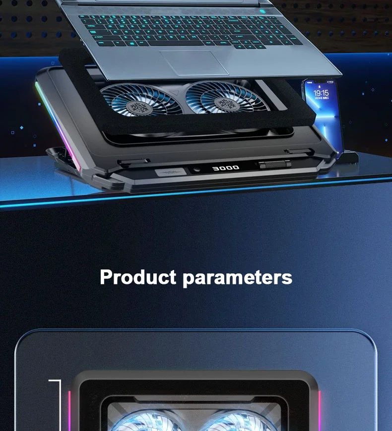 D17 5 Angle Adjustable Notebook Gaming Stand Cooler with RGB Colorful Light Heat Dissipation Bracket 15-21'' Laptop Cooling Pad