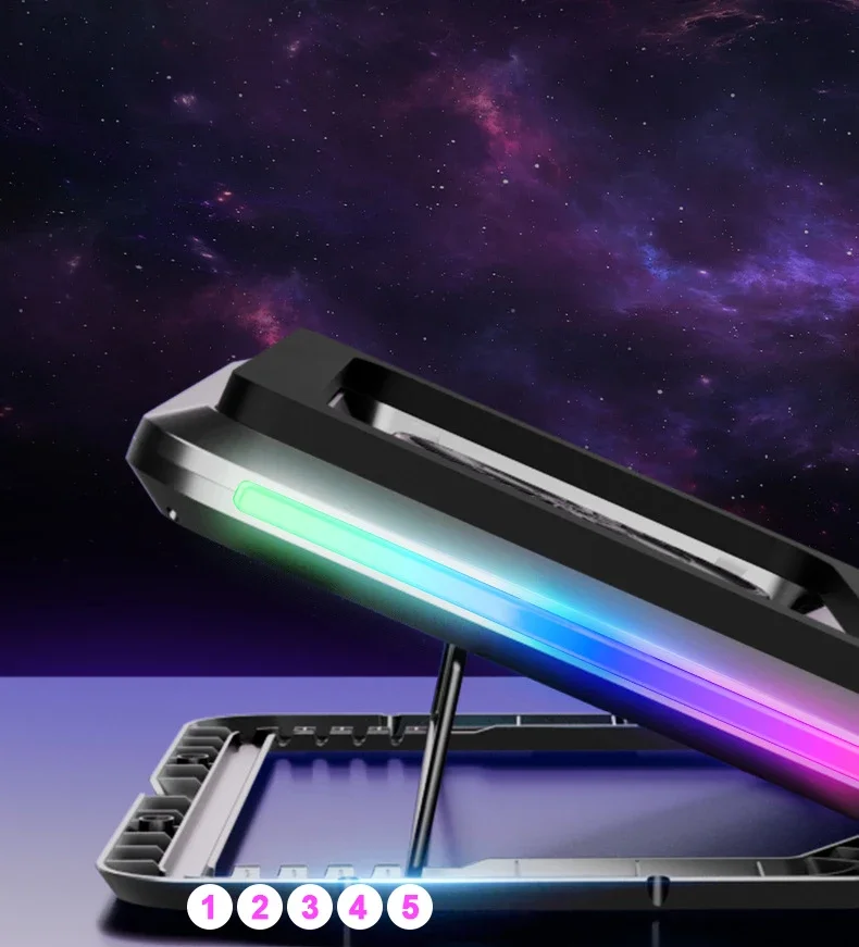 D17 5 Angle Adjustable Notebook Gaming Stand Cooler with RGB Colorful Light Heat Dissipation Bracket 15-21'' Laptop Cooling Pad