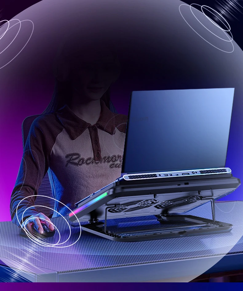 D15 2 Fans Notebook Cooler Stand W/ RGB Light 5 Angle Adjustable Foldable Gaming Laptop Cooling Pad Heat Sink for 13-21'' Laptop D15 2 Fans Notebook Cooler Stand W/ RGB Light 5 Angle Adjustable Foldable Gaming Laptop Cooling Pad Heat Sink for 13-21'' Laptop