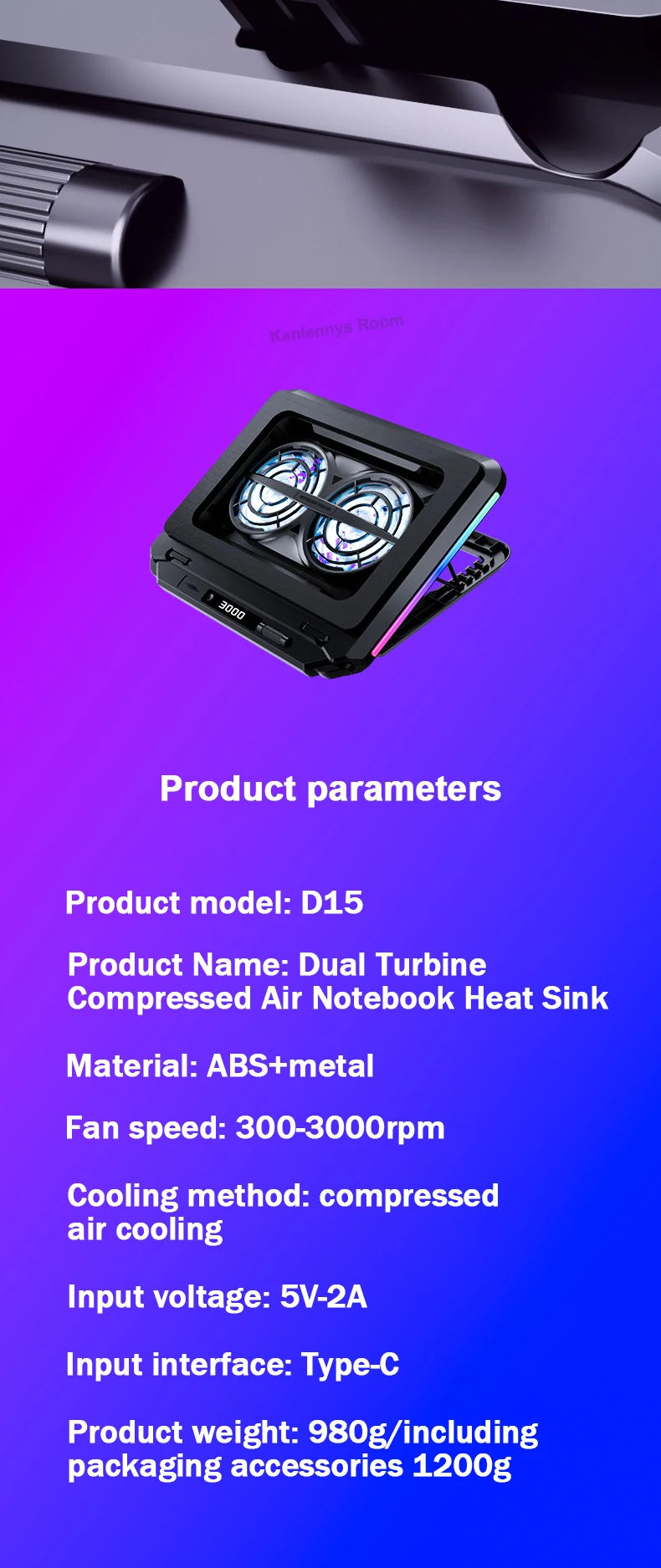 D15 2 Fans Notebook Cooler Stand W/ RGB Light 5 Angle Adjustable Foldable Gaming Laptop Cooling Pad Heat Sink for 13-21'' Laptop D15 2 Fans Notebook Cooler Stand W/ RGB Light 5 Angle Adjustable Foldable Gaming Laptop Cooling Pad Heat Sink for 13-21'' Laptop