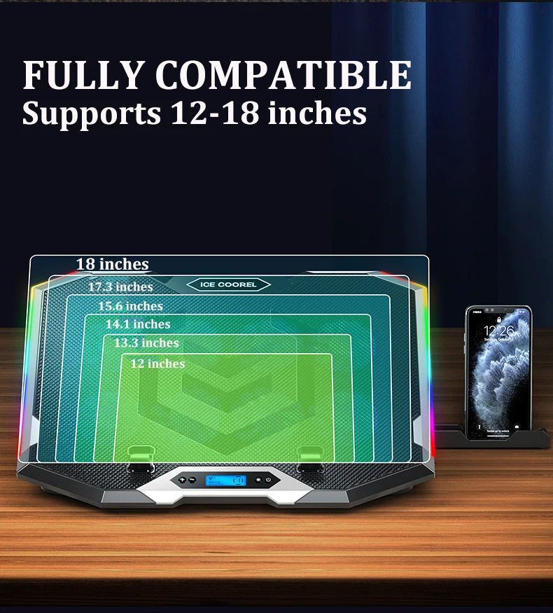 ICE COOREL Gaming RGB Laptop Cooler 12-18 Inch Led Screen Laptop Cooling Pad 3500 RPM 8 fans 2 USB Ports Notebook Cooler Stand ICE COOREL Gaming RGB Laptop Cooler 12-18 Inch Led Screen Laptop Cooling Pad 3500 RPM 8 fans 2 USB Ports Notebook Cooler Stand