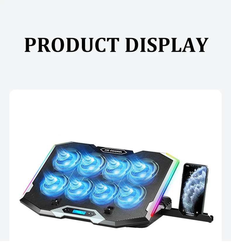 ICE COOREL Gaming RGB Laptop Cooler 12-18 Inch Led Screen Laptop Cooling Pad 3500 RPM 8 fans 2 USB Ports Notebook Cooler Stand ICE COOREL Gaming RGB Laptop Cooler 12-18 Inch Led Screen Laptop Cooling Pad 3500 RPM 8 fans 2 USB Ports Notebook Cooler Stand