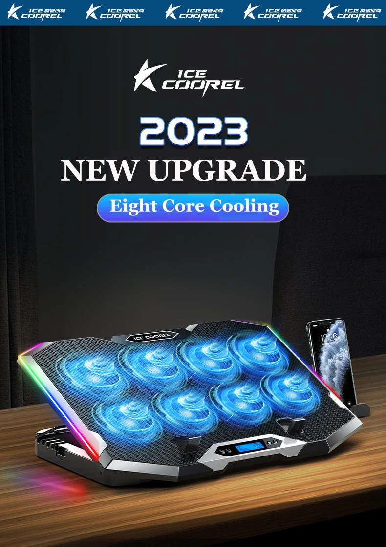 ICE COOREL Gaming RGB Laptop Cooler 12-18 Inch Led Screen Laptop Cooling Pad 3500 RPM 8 fans 2 USB Ports Notebook Cooler Stand ICE COOREL Gaming RGB Laptop Cooler 12-18 Inch Led Screen Laptop Cooling Pad 3500 RPM 8 fans 2 USB Ports Notebook Cooler Stand
