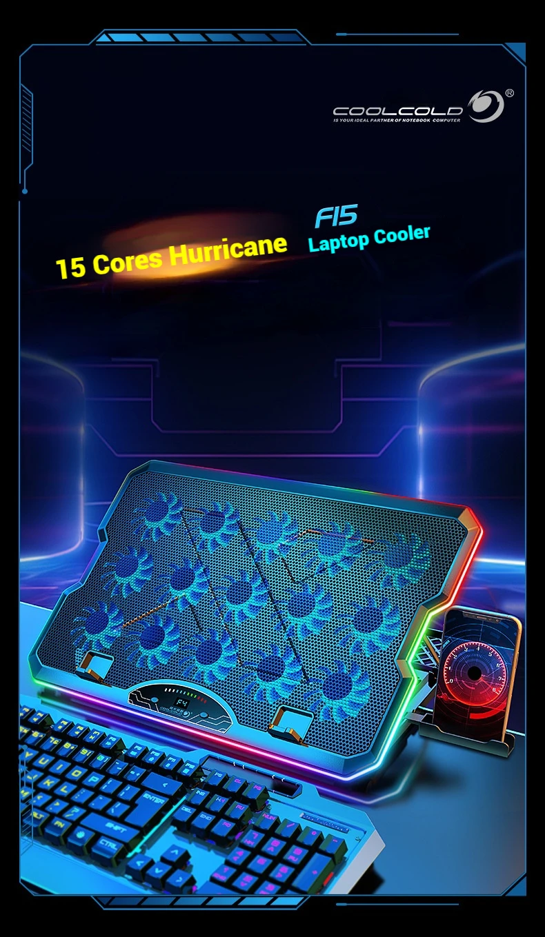 COOLCOLD F15 Gaming RGB Laptop Cooling Pad With 15 Quiet Fans For 12-17.3 Inch With USB TYPE-C Port Notebook Cooler Stand COOLCOLD F15 Gaming RGB Laptop Cooling Pad With 15 Quiet Fans For 12-17.3 Inch With USB TYPE-C Port Notebook Cooler Stand