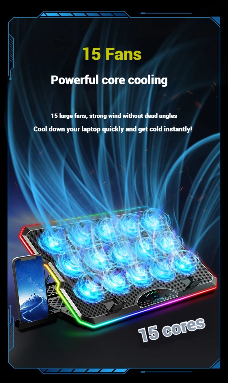 COOLCOLD F15 Gaming RGB Laptop Cooling Pad With 15 Quiet Fans For 12-17.3 Inch With USB TYPE-C Port Notebook Cooler Stand COOLCOLD F15 Gaming RGB Laptop Cooling Pad With 15 Quiet Fans For 12-17.3 Inch With USB TYPE-C Port Notebook Cooler Stand