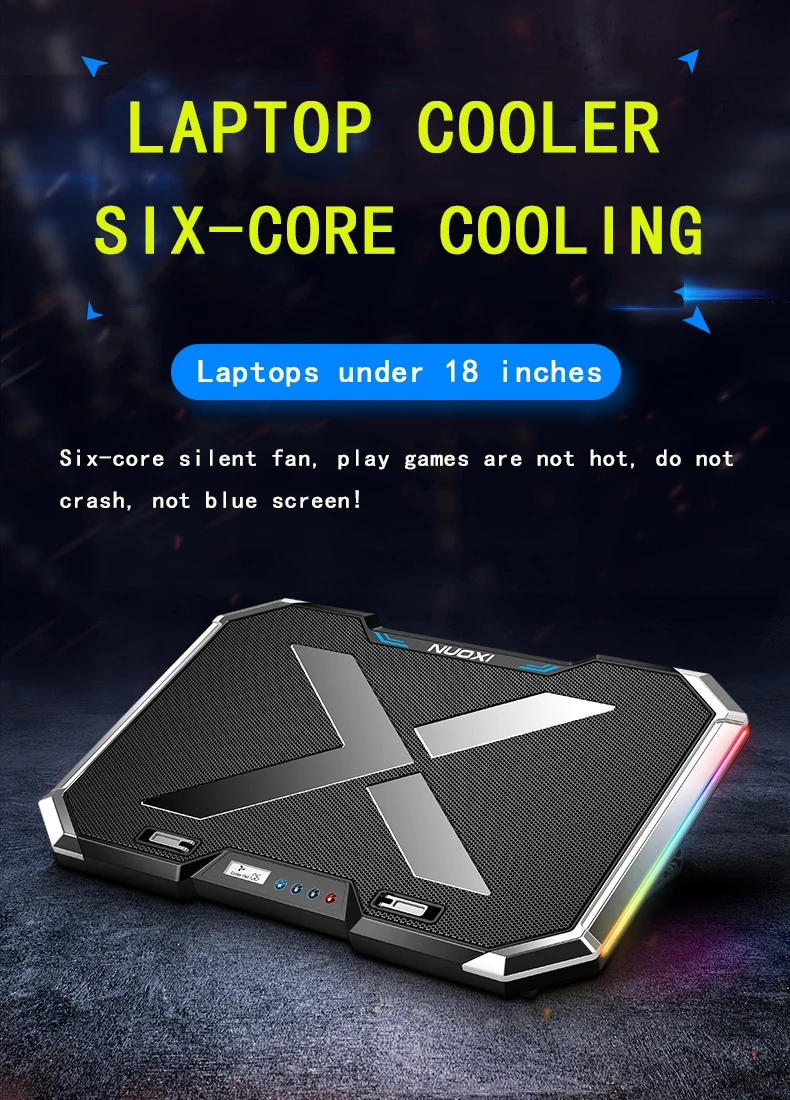 NUOXI Gaming Laptop Cooler Six Fan Led Screen Two USB Port RGB Lighting Laptop Cooling Pad Notebook Stand for Laptop 12-17 inch NUOXI Gaming Laptop Cooler Six Fan Led Screen Two USB Port RGB Lighting Laptop Cooling Pad Notebook Stand for Laptop 12-17 inch