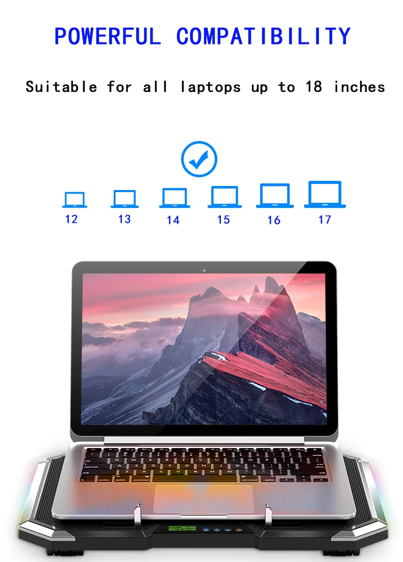 NUOXI Gaming Laptop Cooler Six Fan Led Screen Two USB Port RGB Lighting Laptop Cooling Pad Notebook Stand for Laptop 12-17 inch NUOXI Gaming Laptop Cooler Six Fan Led Screen Two USB Port RGB Lighting Laptop Cooling Pad Notebook Stand for Laptop 12-17 inch