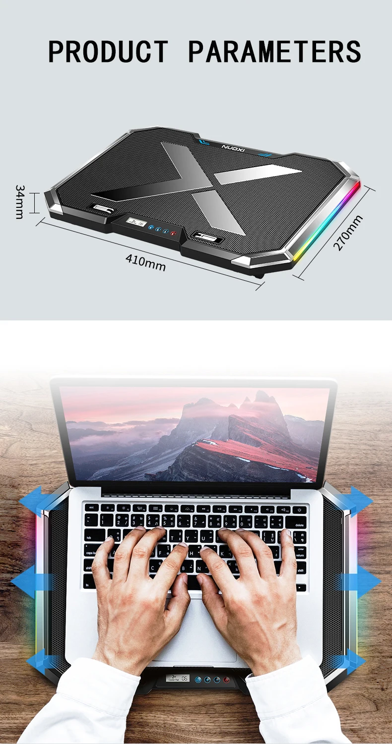 NUOXI Gaming Laptop Cooler Six Fan Led Screen Two USB Port RGB Lighting Laptop Cooling Pad Notebook Stand for Laptop 12-17 inch NUOXI Gaming Laptop Cooler Six Fan Led Screen Two USB Port RGB Lighting Laptop Cooling Pad Notebook Stand for Laptop 12-17 inch