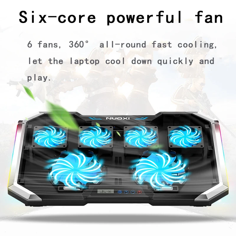 NUOXI Gaming Laptop Cooler Six Fan Led Screen Two USB Port RGB Lighting Laptop Cooling Pad Notebook Stand for Laptop 12-17 inch NUOXI Gaming Laptop Cooler Six Fan Led Screen Two USB Port RGB Lighting Laptop Cooling Pad Notebook Stand for Laptop 12-17 inch