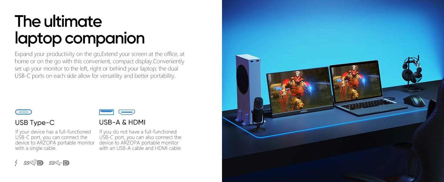 ARZOPA 16.1 inch 100% sRGB 144Hz Portable Monitor Gaming  Laptop Display with Type C Mini HDMI For PS/Steam/Deck/Switch/PC/Mac