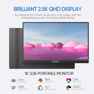 ARZOPA 16inch 2K Portable Monitor 16:10 IPS Screen with type-c mini hdmi Second Display for MAC/Laptop/PC/Xbox/PS4/5/Switch,Z1RC - Image 3