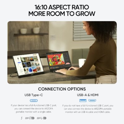 ARZOPA 16inch 2K Portable Monitor 16:10 IPS Screen with type-c mini hdmi Second Display for MAC/Laptop/PC/Xbox/PS4/5/Switch,Z1RC - Image 2