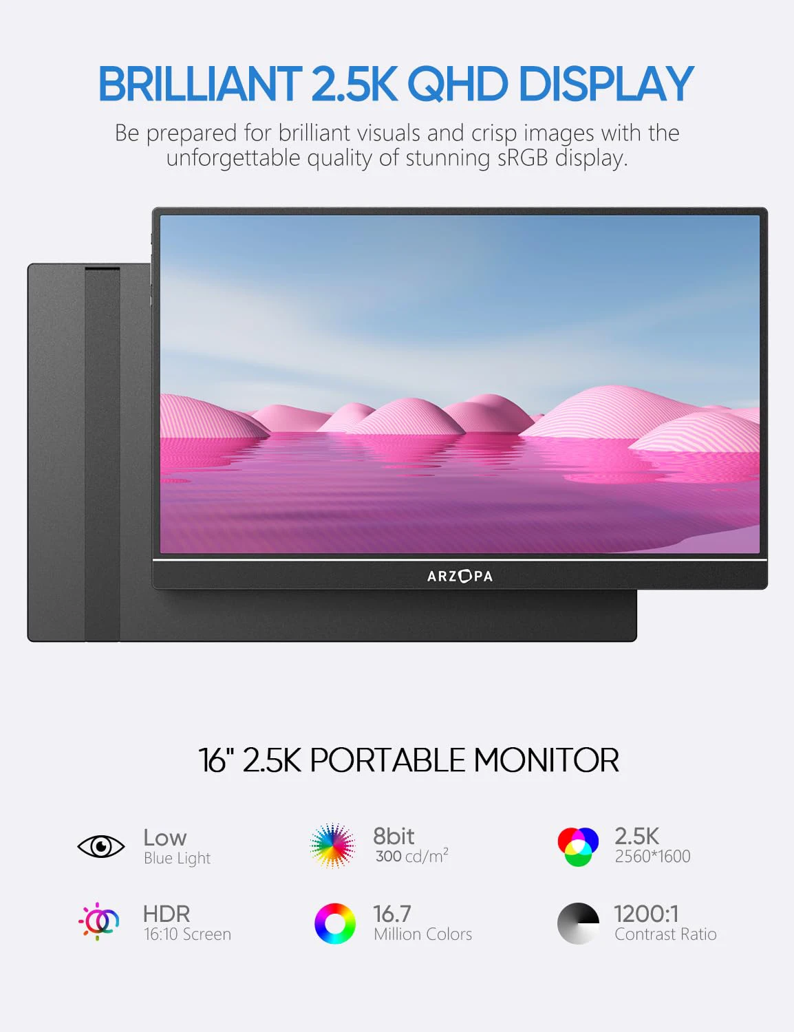 ARZOPA 16inch 2K Portable Monitor 16:10 IPS Screen with type-c mini hdmi Second Display for MAC/Laptop/PC/Xbox/PS4/5/Switch,Z1RC