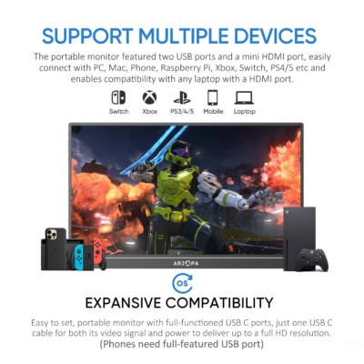 ARZOPA 16inch 2K Portable Monitor 16:10 IPS Screen with type-c mini hdmi Second Display for MAC/Laptop/PC/Xbox/PS4/5/Switch,Z1RC - Image 4