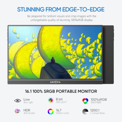 ARZOPA 16.1'' 100% sRGB Portable Monitor FHD1080P IPS Screen Second Monitor External Screen for MAC Laptop PC Xbox/PS/Switch,Z1C - Image 2