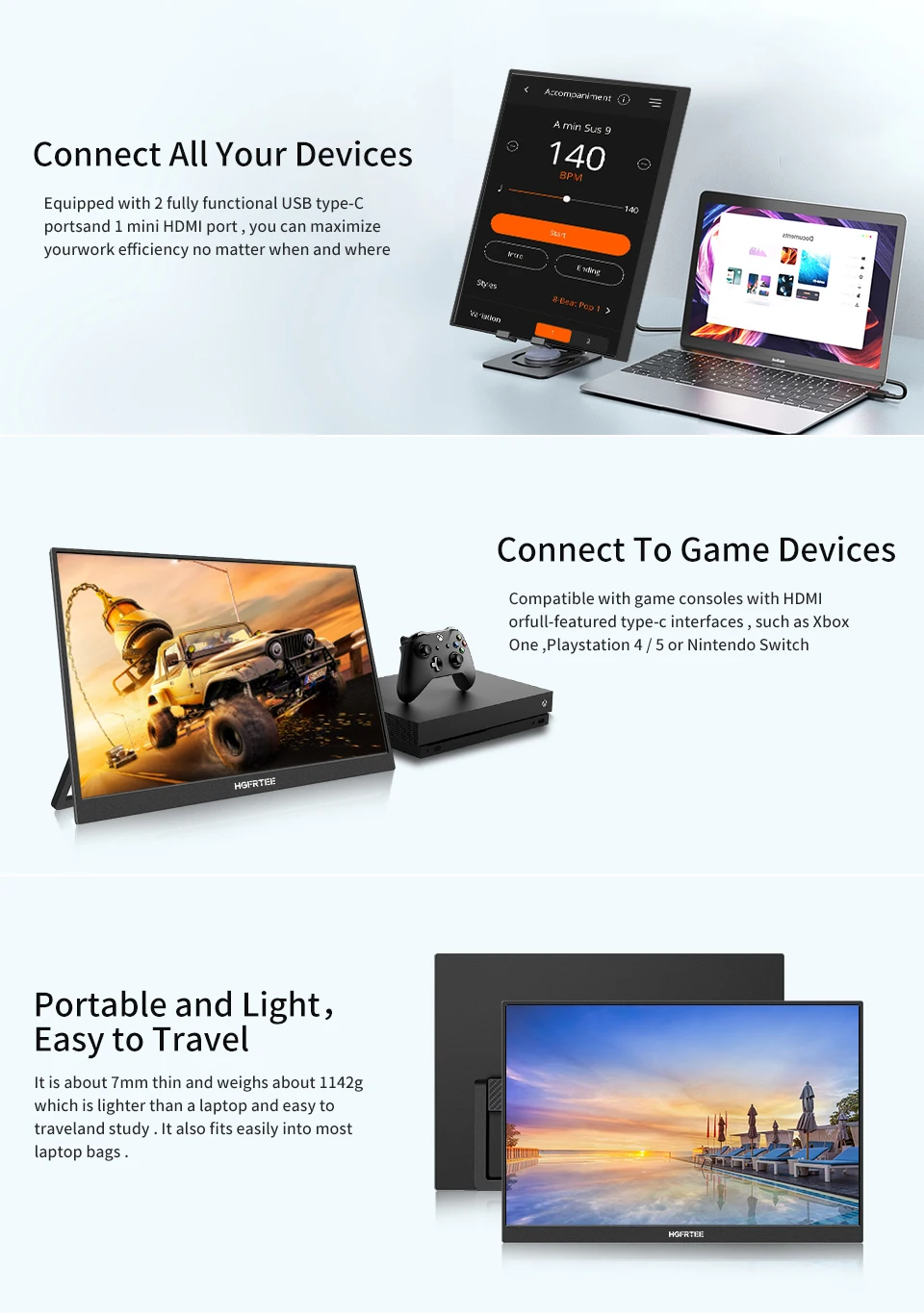 HGFRTEE 16inch Touch Portable Monitor 16:10 96%sRGB 350Cd/m² Second Screen For Laptop With Holder Stand Type-C HDMI-Compatible